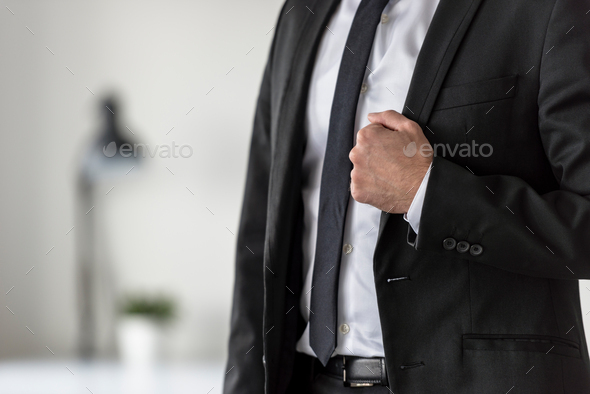 Torso of a businessman in a suit holding the lapel of his stylish jacket